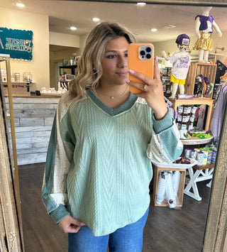 Lace-Embellished Cable Knit Sweater Shirt - Chickie Collective