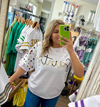 Saints Sequin Bubble Sleeve- White Game day    - Chickie Collective
