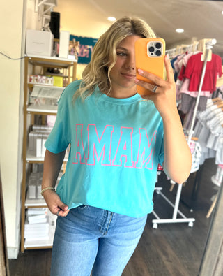 Bright Blue MAMA Letter Graphic Neon T Shirt - Chickie Collective