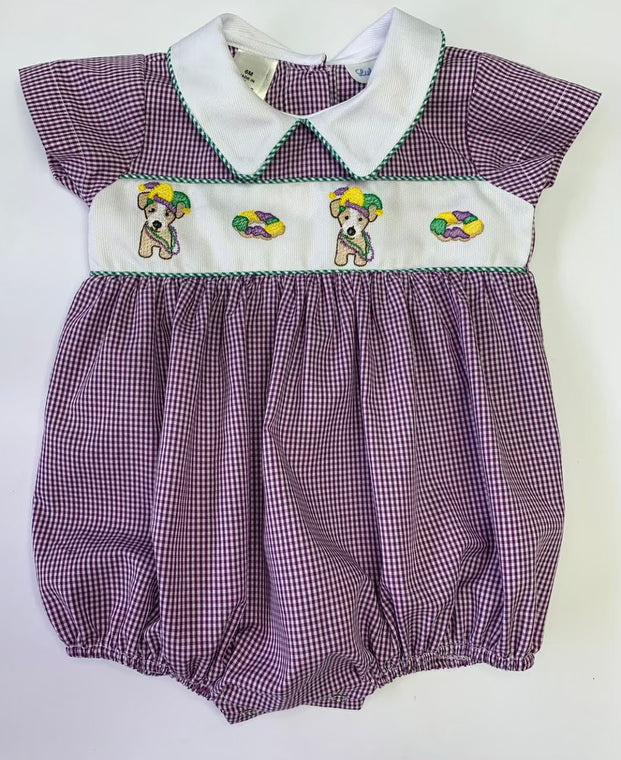 A purple Mardi Gras Puppy and King Cake Boy Bubble romper from Lulu Bebe with a puppy on it.