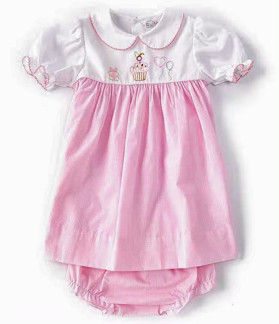 A Petit Ami baby girl's pink dress and diaper set, featuring the Baby Girls Puffed-Sleeve Birthday Embroidered Smocked Dress.