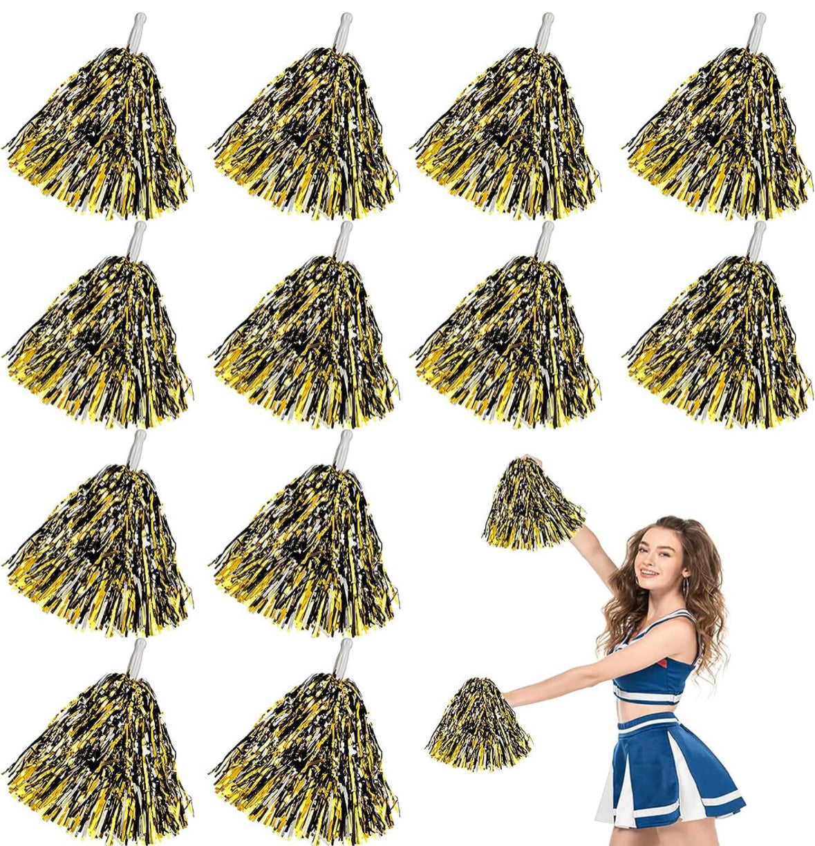 A girl is holding a set of yellow and black Game Day PomPoms by Amazon.