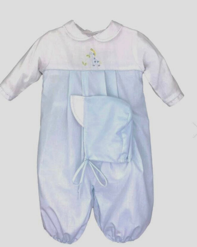 A Chickie Collective Embroidered Giraffe Converter with Bonnet baby boy's blue and white romper.