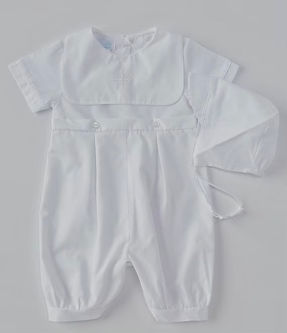 A Cross Embroidered Romper with Hat from Petit Ami for a baby boy.