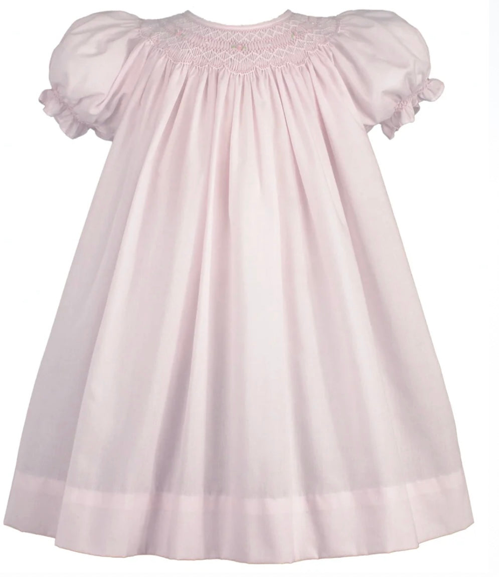 Petit Ami Pink Day Gown Bishop Smocked Pearls dress.