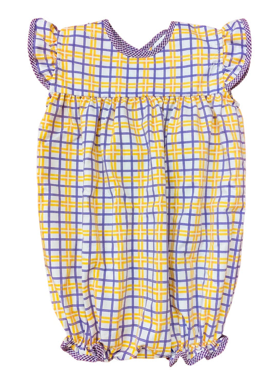 A baby girl's LSU Plaid Girl Bubble romper by Chickie Collective.