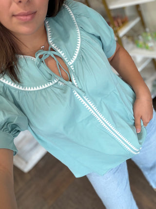 Mint Tie Neck Short Sleeve Top
