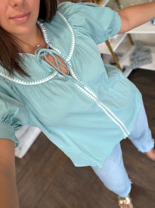 Mint Tie Neck Short Sleeve Top