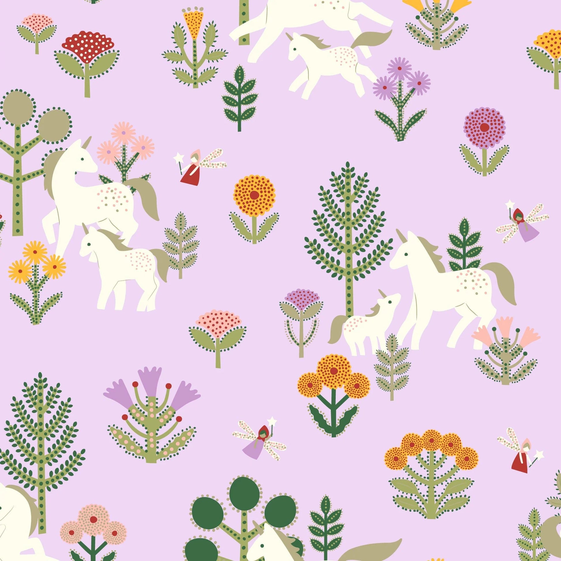 Unicorns and flowers on a purple background made from GOTS certified organic cotton. (Folk Magic Footie by Magnetic Me!)