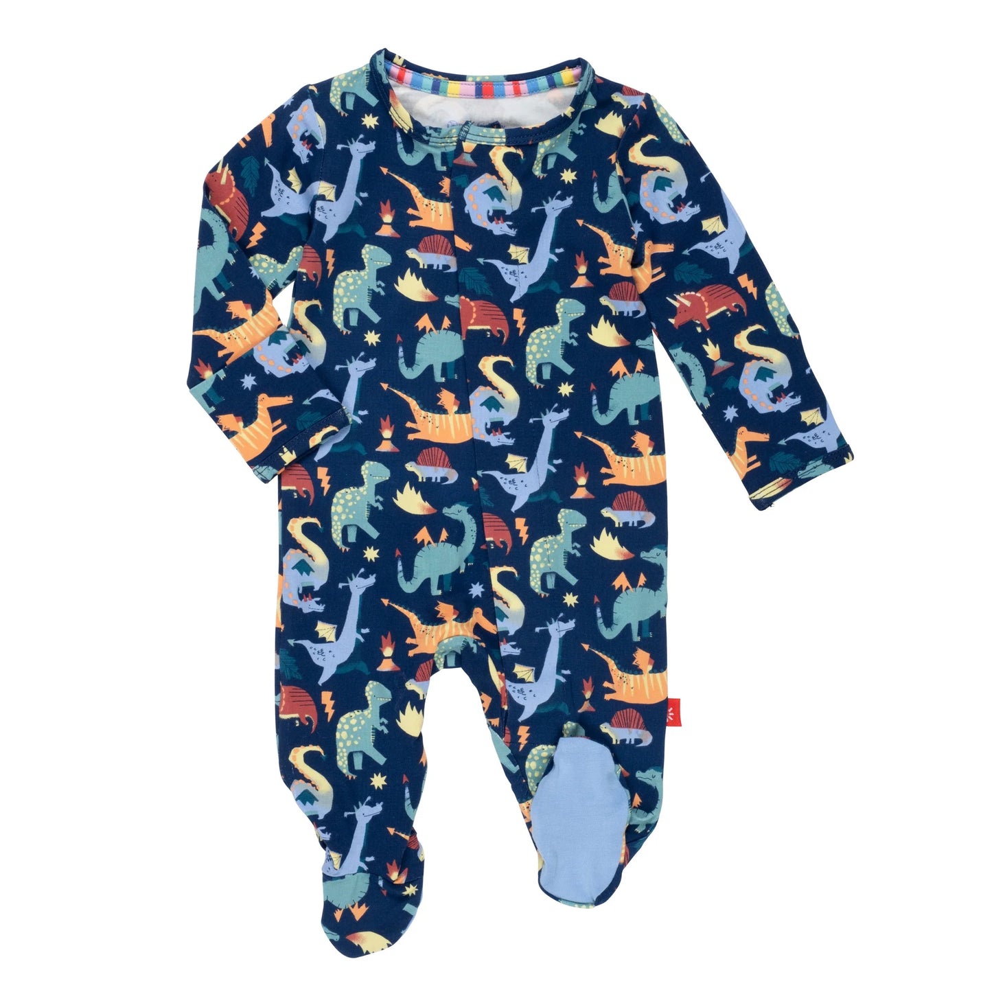 An easy dressing Talon-Ted Magnetic Footie Pajama with dinosaurs on it made from GOTS certified organic cotton by Magnetic Me!