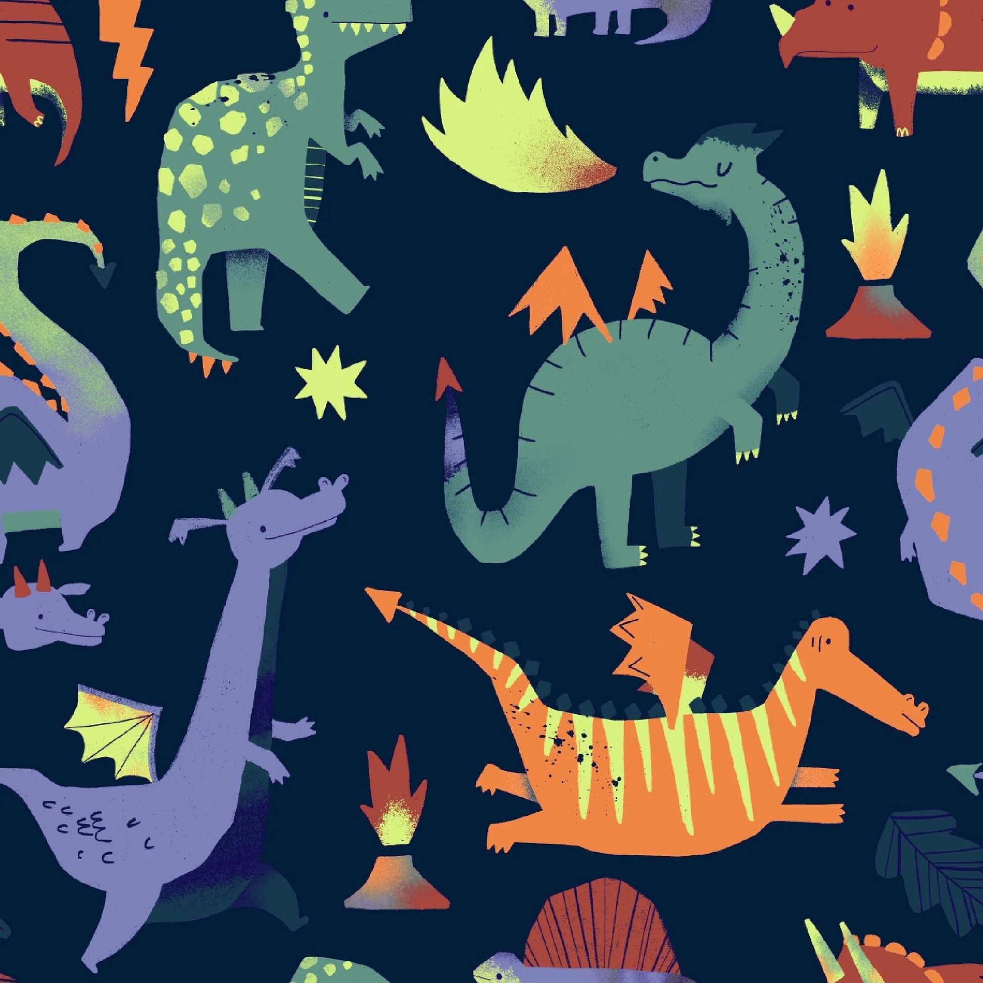 A colorful pattern of dinosaurs on a Talon-Ted Magnetic Footie Pajama by Magnetic Me!