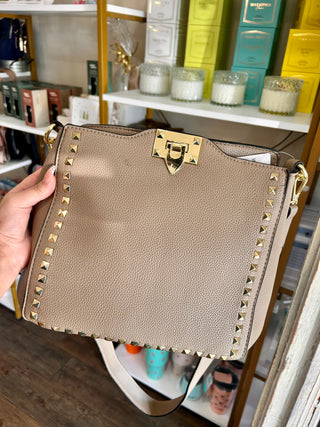Taupe Leather Gold Stud Mini Tote