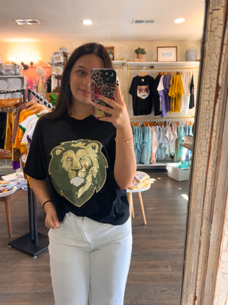 Sequin Lion Black Hi Low Tee