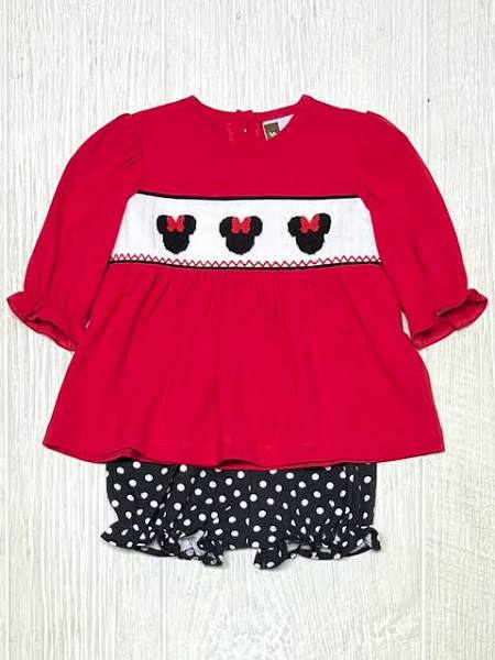 A comfortable and breathable Mouse Ears Smocked Bloomer Set in red and black, featuring a minnie mouse top with polka dot shorts by Banana Split.