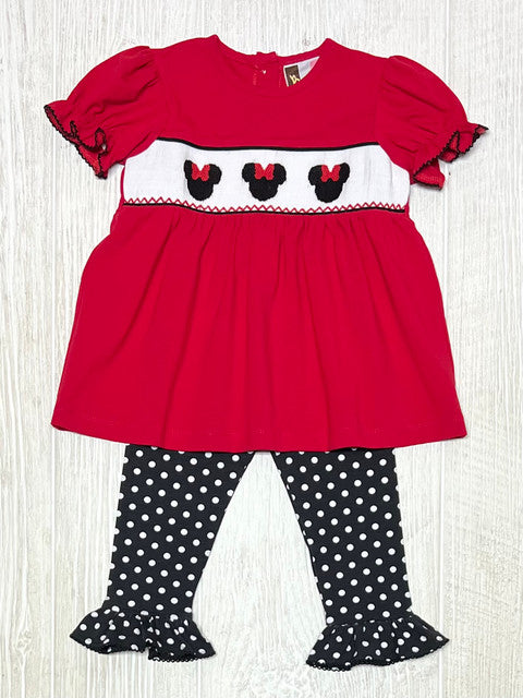 A comfortable red and black Banana Split Minnie Mouse outfit with polka dot leggings and Cute Mouse Ears Ruffle Pant Set.