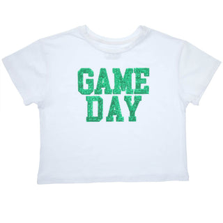 Sequin Game Day Green on Boxy T’ in White Kid's T-shirts YT (2/3) - Chickie Collective