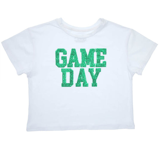 A white Azarhia Sequin Game Day Green on Boxy T-shirt with the words game day on it.