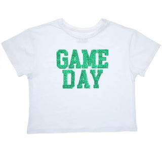 Sequin Game Day Green on Boxy T’ in White Kids clothes YS (6/7)   - Chickie Collective