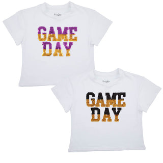 Sequin Reversible Purple/Black Solid Gold Game Day Boxy T-Shirt in White Kids clothes YT (2/3)   - Chickie Collective