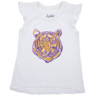 Purple and Gold Sequin Tiger Face Box T-Shirt in White Kid's T-shirts YT (2/3) - Chickie Collective