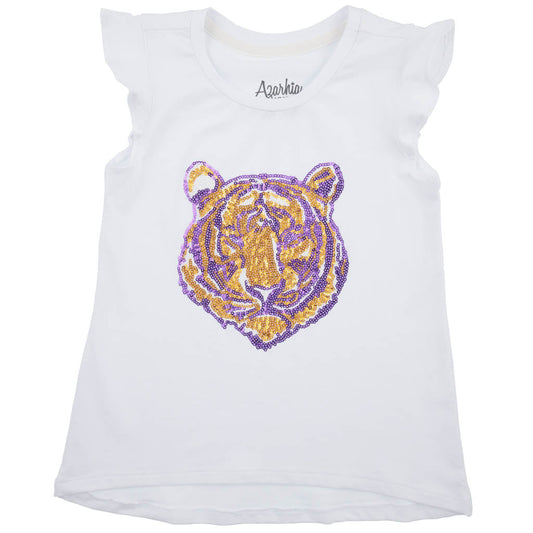 A Chickie Collective Purple Gold Sequin Tiger Face on Boxy T' in white t-shirt with purple sequins.