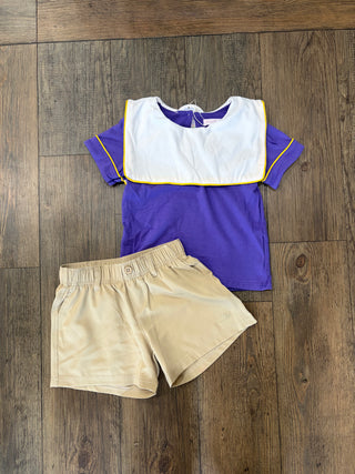 Purple Shirt with White Bib and Yellow Trim