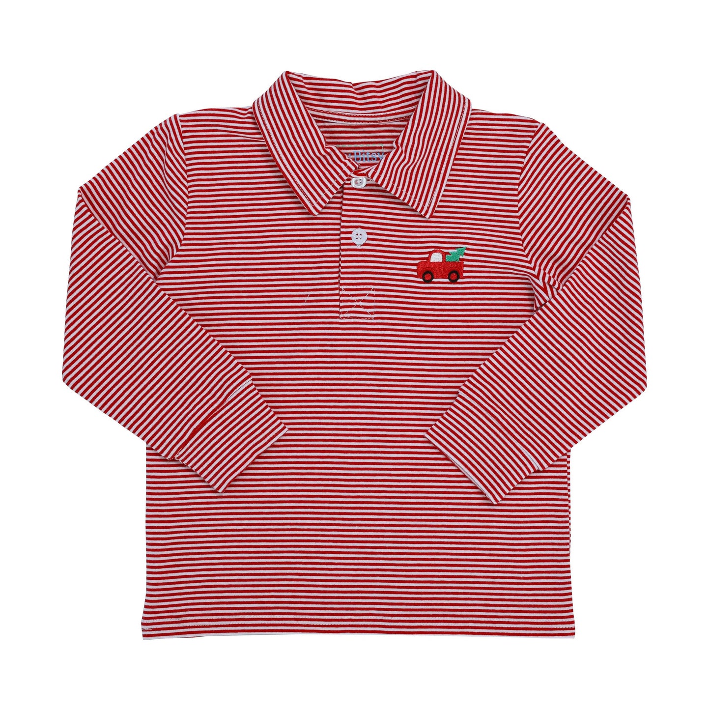 A red and white striped Itsy Bitsy Christmas Truck Polo shirt with an apple on it.
