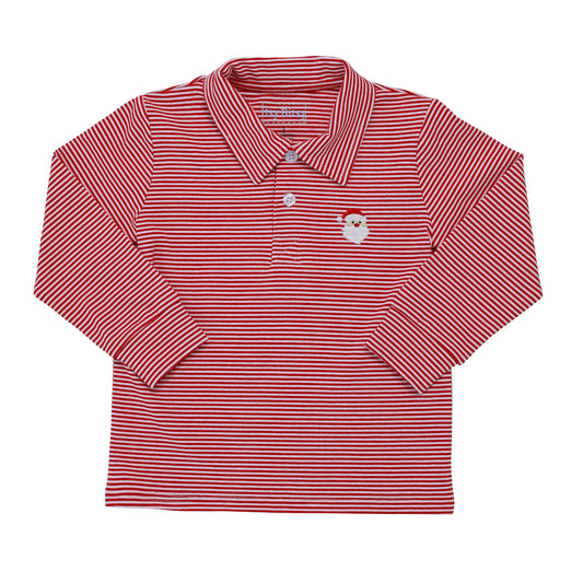 A red and white striped Santa Polo shirt from Itsy Bitsy with a santa face on it.