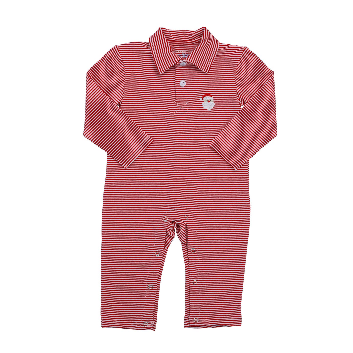 A baby boy's Chickie Collective Santa Polo Romper with red and white stripes.
