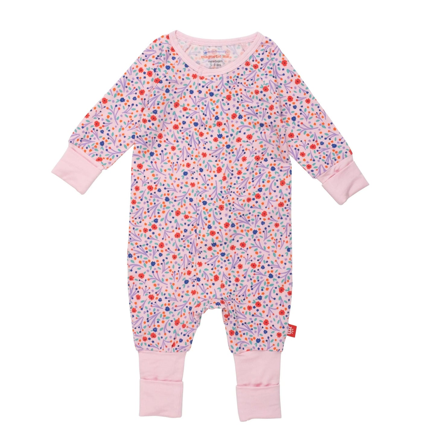 A Magnetic Me! Elizabeth Forever Convertible Mitten Cuff Coverall baby romper with flowers on it.
