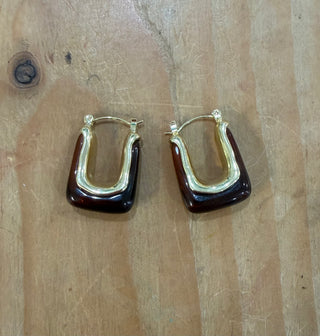 Cute Chickie Fall Earrings For Women Autumn Holiday Jewelry featuring a gold-toned inner rim and a dark brown, rounded outer edge on U-shaped hoops.