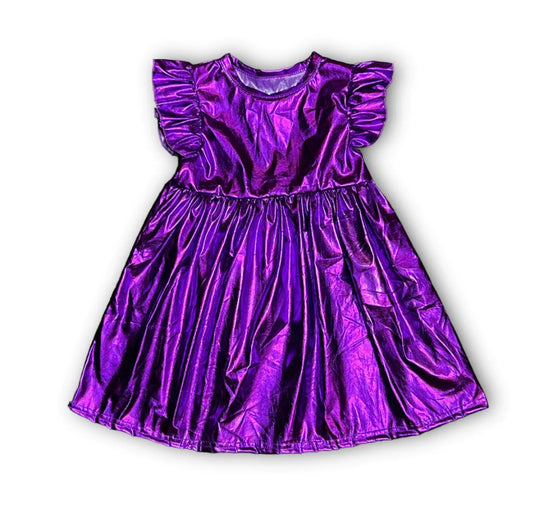 A bold fashion statement, a Purple Metallic kid dress by Belle Cher, on a white background.