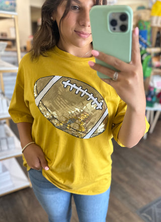 Game Day Football Patch T-Shirt Gold for Women Women's Top - Chickie Collective