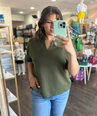 Luxe Modal Collared Olive V-Neck Short Sleeve Shirt Women's Top - Chickie Collective