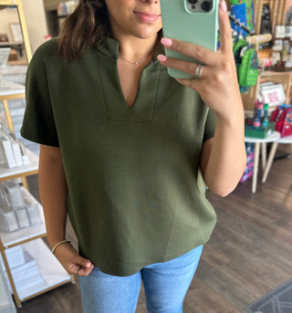 Luxe Modal Collared Olive V-Neck Short Sleeve Shirt Women's Top - Chickie Collective