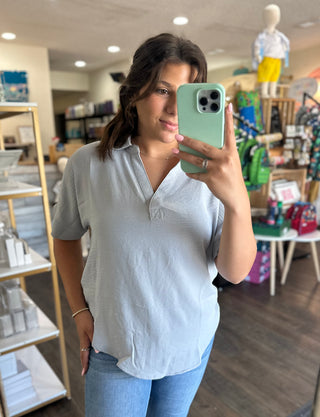 Light Grey Airflow Collared V-Neck Short Sleeve Top Women's Top - Chickie Collective