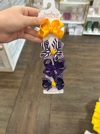 Collegiate Gift Set -3" Small Hair Bows on Snap Clip: Purple/ Yellow Gold - Chickie Collective