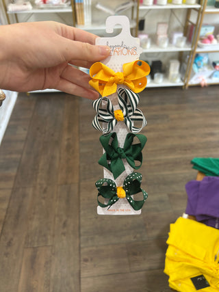 Collegiate Gift Set -3" Small Hair Bows on Snap Clip: Forest Green/ Yellow Gold - Chickie Collective