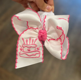 Hot Pink Cake Embroidered Crochet Edge Bow Bow - Chickie Collective