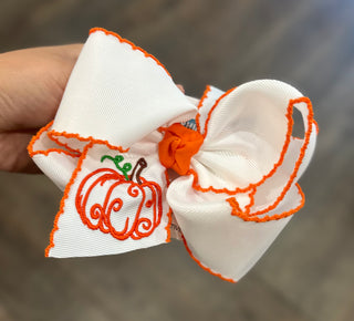 Orange Pumpkin Embroidered Crochet Edge Bow Bow - Chickie Collective