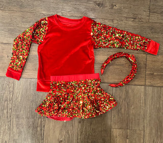 Girls Christmas Sequin Sleeve Red Velvet Sweatshirt Girls Sweatshirt - Chickie Collective