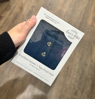 Newborn Navy Knotted Gown & Top Knot Hat Baby Clothing - Chickie Collective