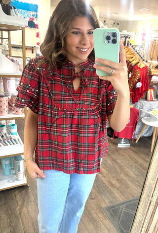 Red Plaid Pearl & Gem Ruffle Blouse Blouse - Chickie Collective
