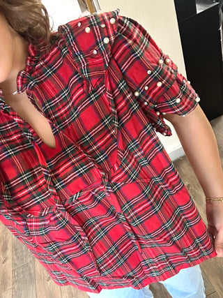 Red Plaid Pearl & Gem Ruffle Blouse Blouse - Chickie Collective