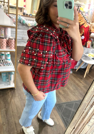 Red Plaid Pearl & Gem Ruffle Blouse Blouse - Chickie Collective