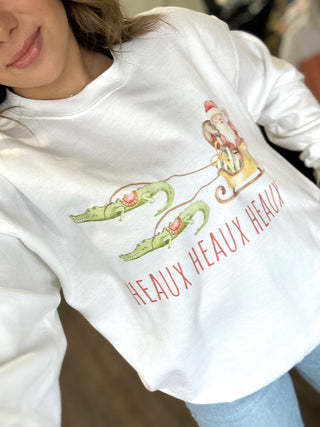 Women’s Heaux Heaux Sweatshirt White Unisex Crewneck Featuring Cajun Santa Pulled By Alligators Crewneck - Chickie Collective