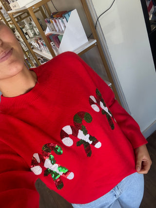 Candy Cane Sequin Red Sweater Sweater - Chickie Collective