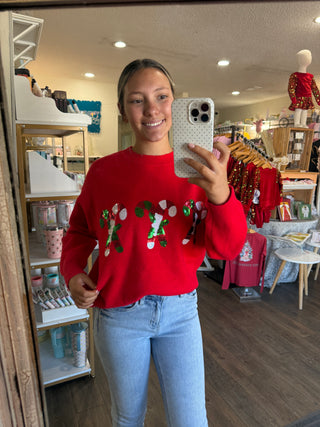 Candy Cane Sequin Red Sweater Sweater - Chickie Collective