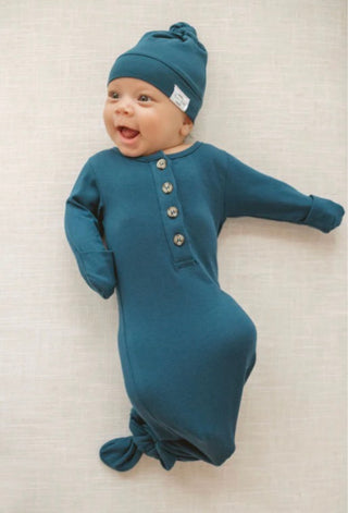 Newborn Navy Knotted Gown & Top Knot Hat Baby Clothing - Chickie Collective