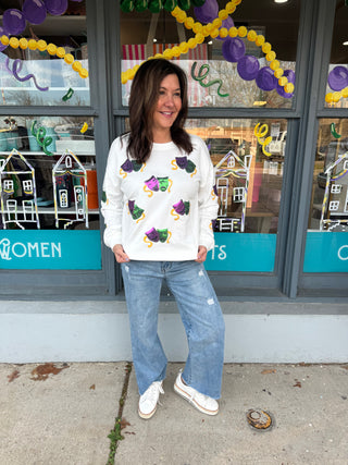 White Sequin Mardi Gras Mask Sweatshirt